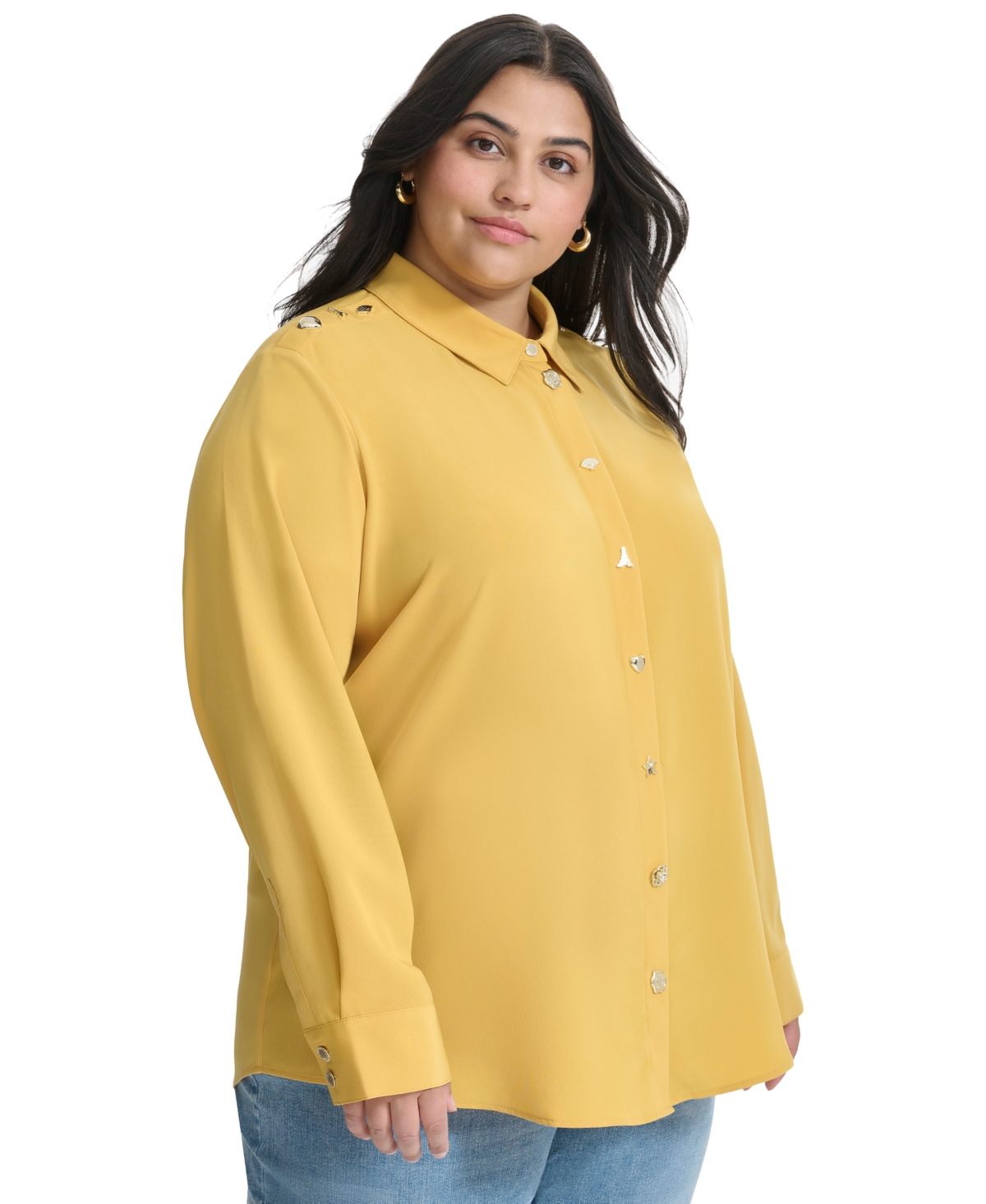 Karl Lagerfeld Paris Plus Size Long Sleeve Button-Front Shirt, Created for Macy's