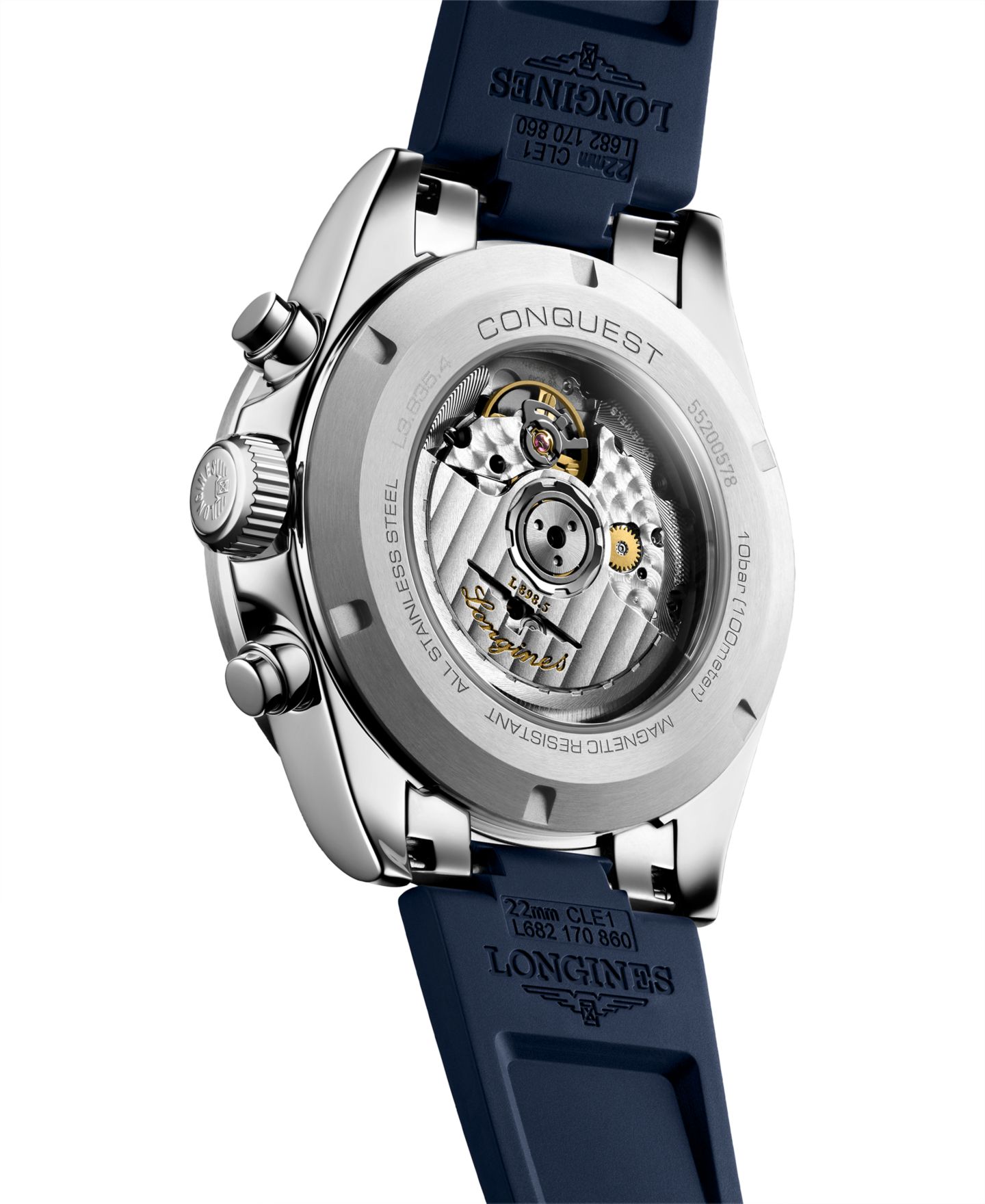 Мужские часы Longines Swiss Automatic Chronograph Conquest Blue Rubber Strap Watch 42mm — фото 6