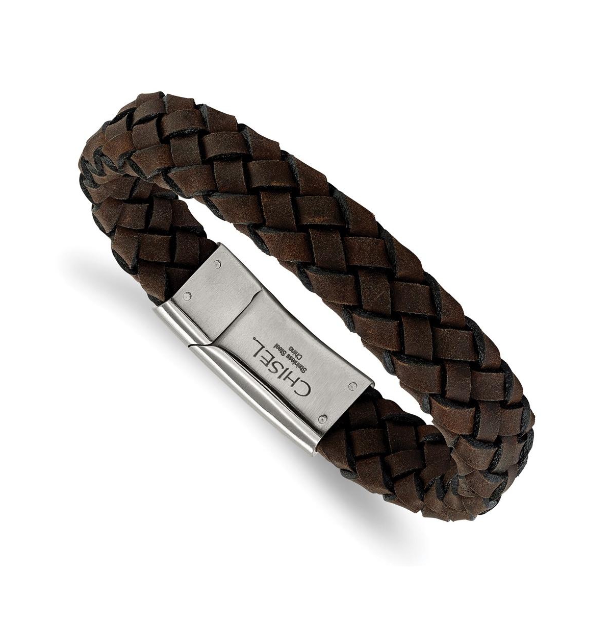 Stainless Steel Brushed Brown Braided Leather Bracelet