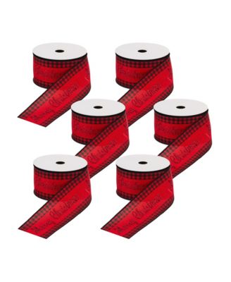 Wired Merry Christmas Ribbon With Buffalo Plaid Accent (Set of 6)