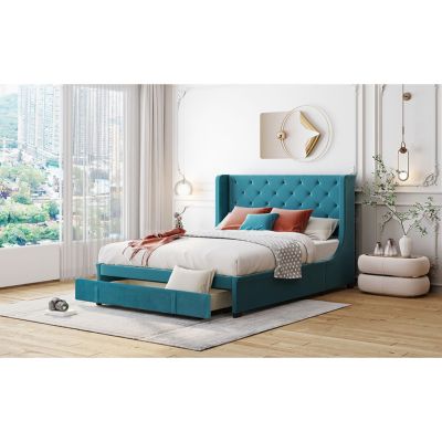 Streamdale Velvet Wingback Storage Platform Bed with Drawer