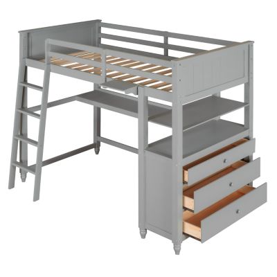 Twin Size Loft Bed With Drawers And Desk, Wooden Loft Bed With Shelves
