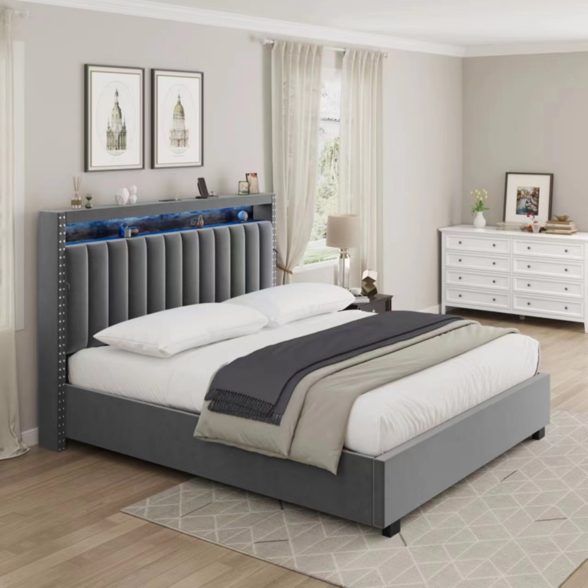 Streamdale Furniture Luxury Gas Lift Storage Bed With Rf Led Lights, Storage Headboard, Size, Velvet Grey