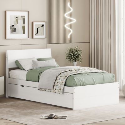 Modern Twin Bed Frame with Trundle, White Gloss Finish