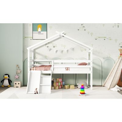 Twin House Bed with Slide, Ladder, and Safety Rails