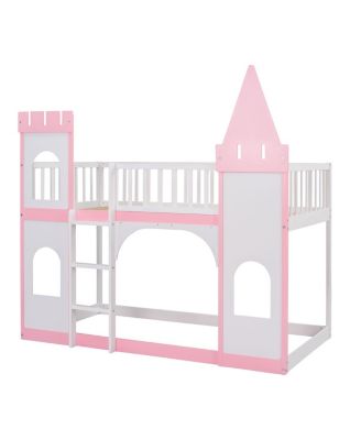 Twin Over Twin Castle Bunk Bed With Ladder - Pink