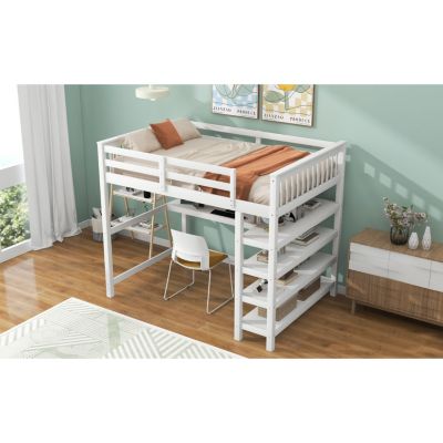  Full Size Loft Bed With Storage Shelves And Under-Bed Desk