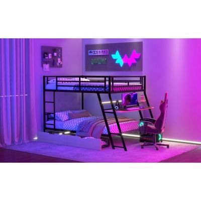 Full Size Metal Bunk Bed With Built-In Desk, Light And 2 Drawers