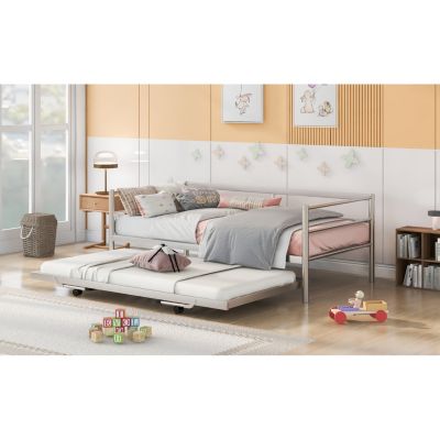 Streamdale Twin Size Metal Daybed With Adjustable Trundle, Pop Up Trundle, Silver