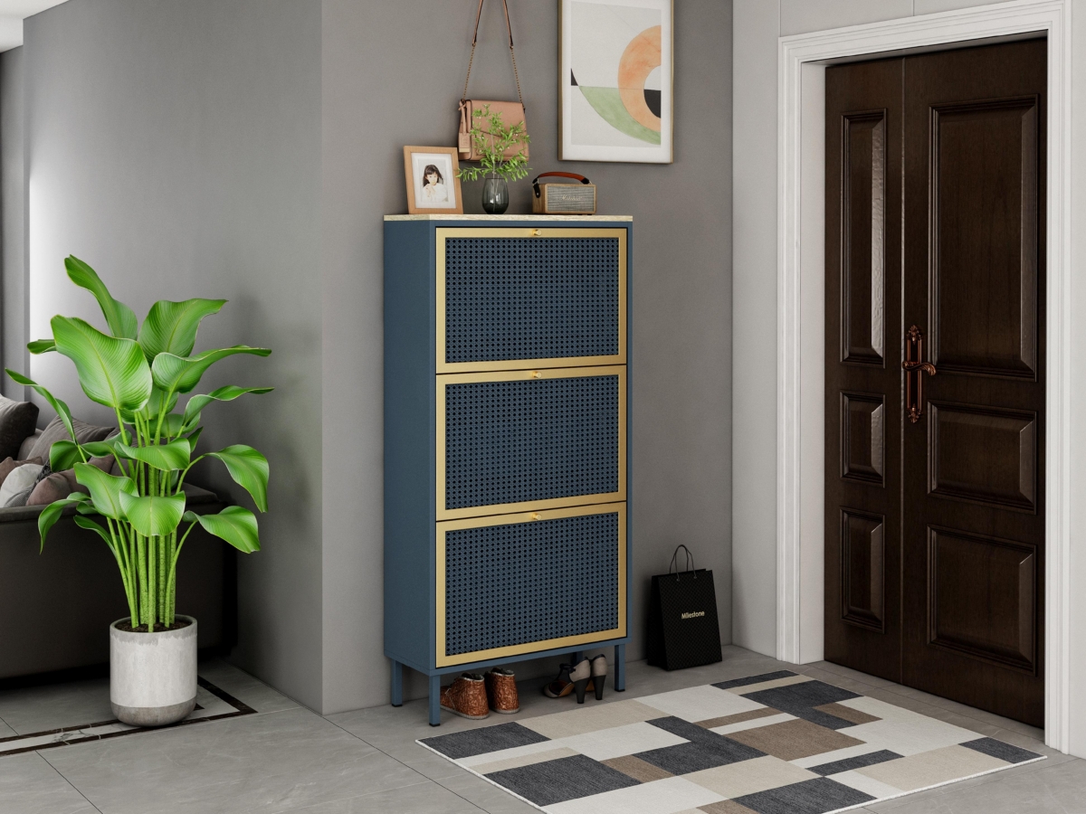 Streamdale Furniture 3 Metal Door Shoe Rack, Freestanding Modern Shoe Storage Cabinet, Metal Rattan, For Entryway - Blue-gray