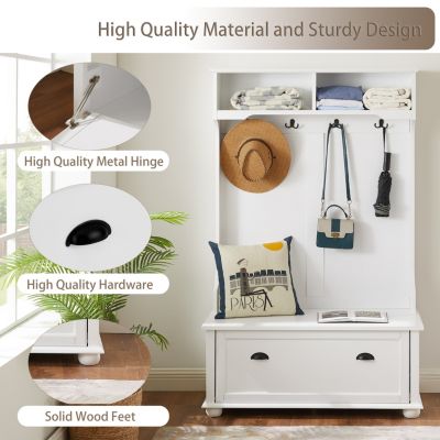 Coastal Style White Hall Tree Bench with Shoe Cabinets