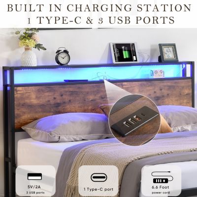 Streamdale Full Size Storage Bed with LED Lights &amp; Charging Station