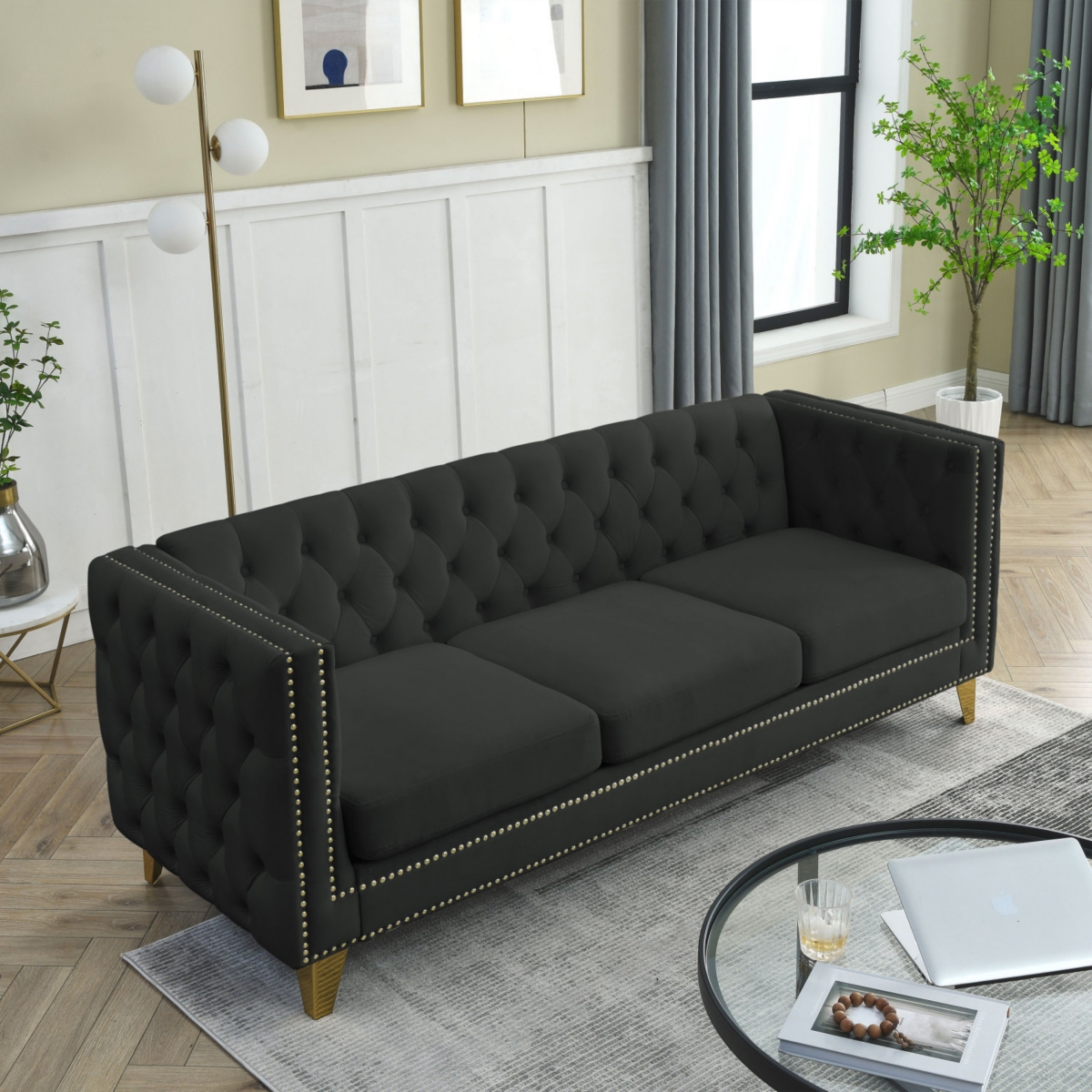 Simplie Fun Modern Black Velvet Sofa with Tufted Square Arm