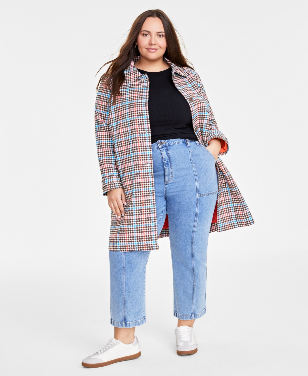 On 34th Trendy Plus Size Plaid-Print Long-Sleeve Car Coat, Created for Macy's
