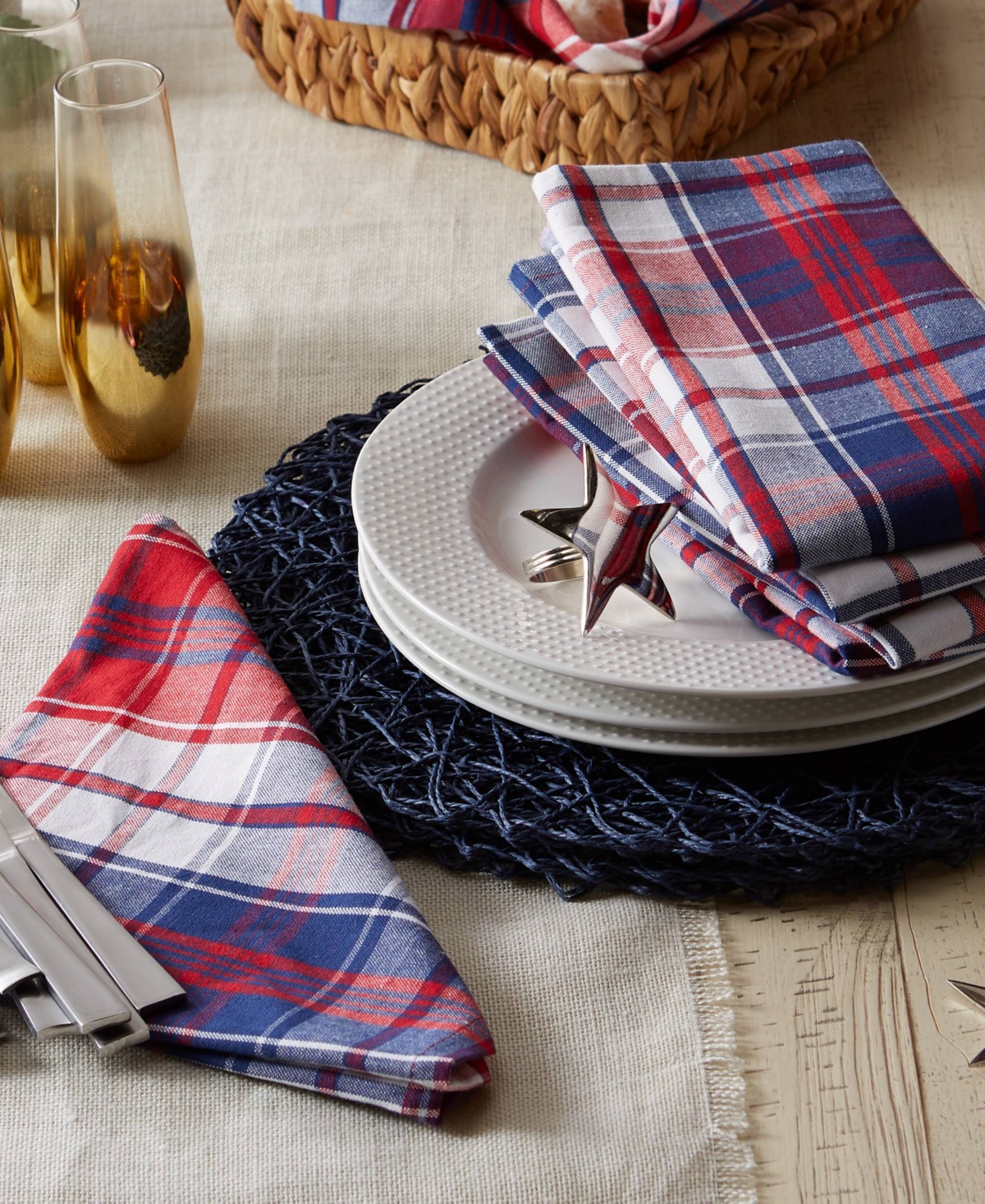 Design Imports Americana Plaid Napkin Set of 6 - White Blue Check