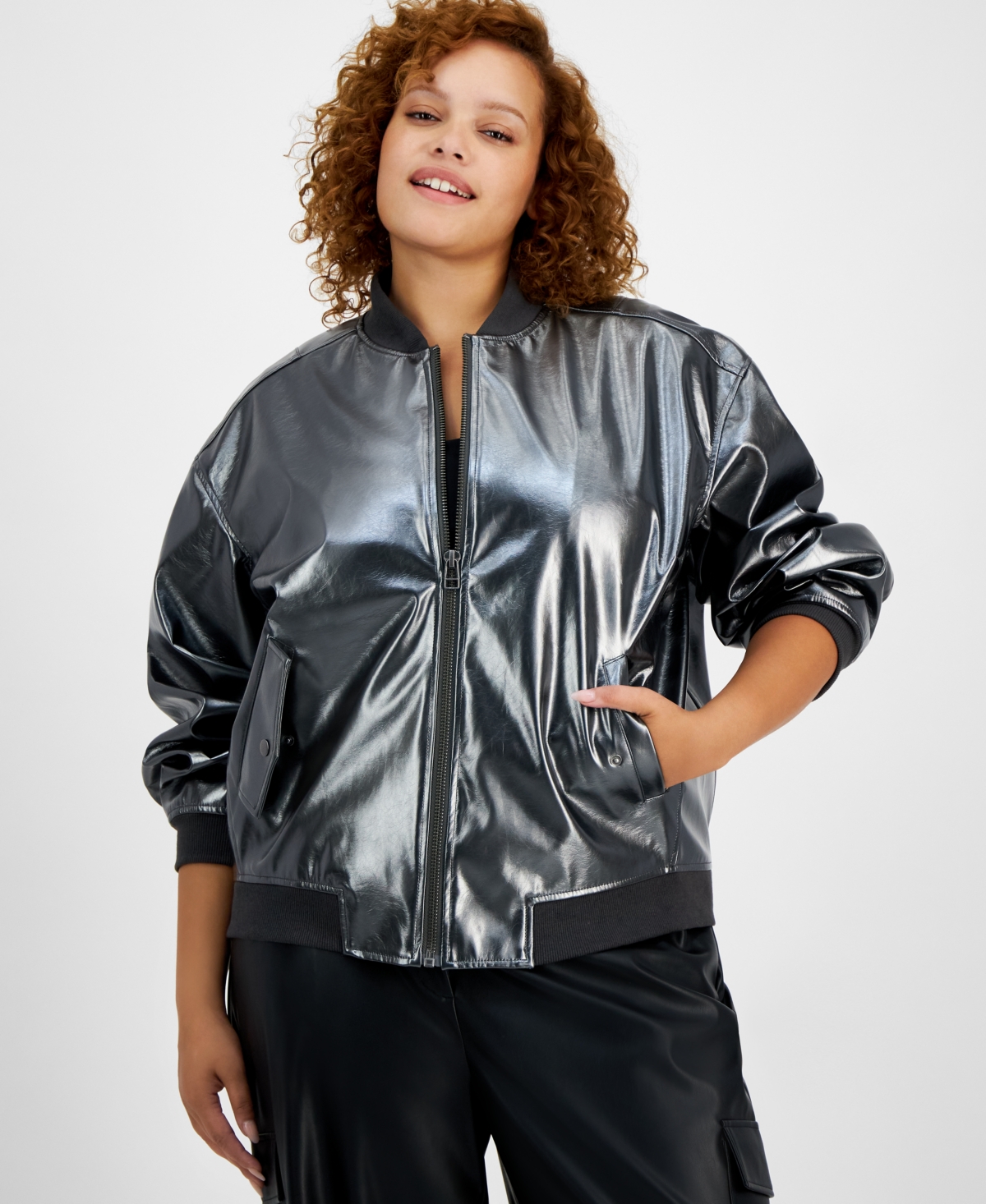 Bar Iii Trendy Plus Size Foil Faux-Leather Bomber Jacket, Created for Macy's
