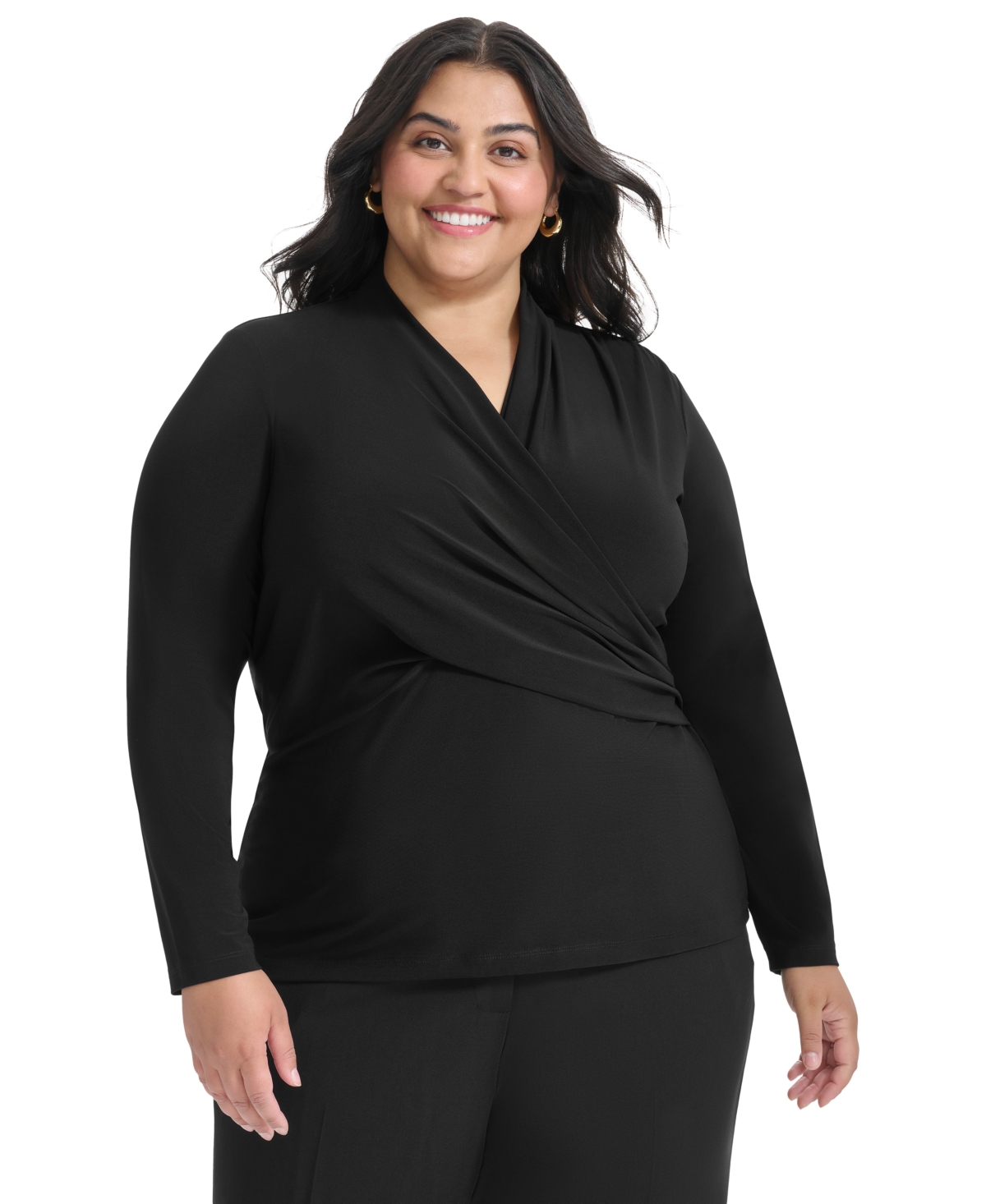 Dkny Plus Size Short-sleeve Faux-wrap Top In Black