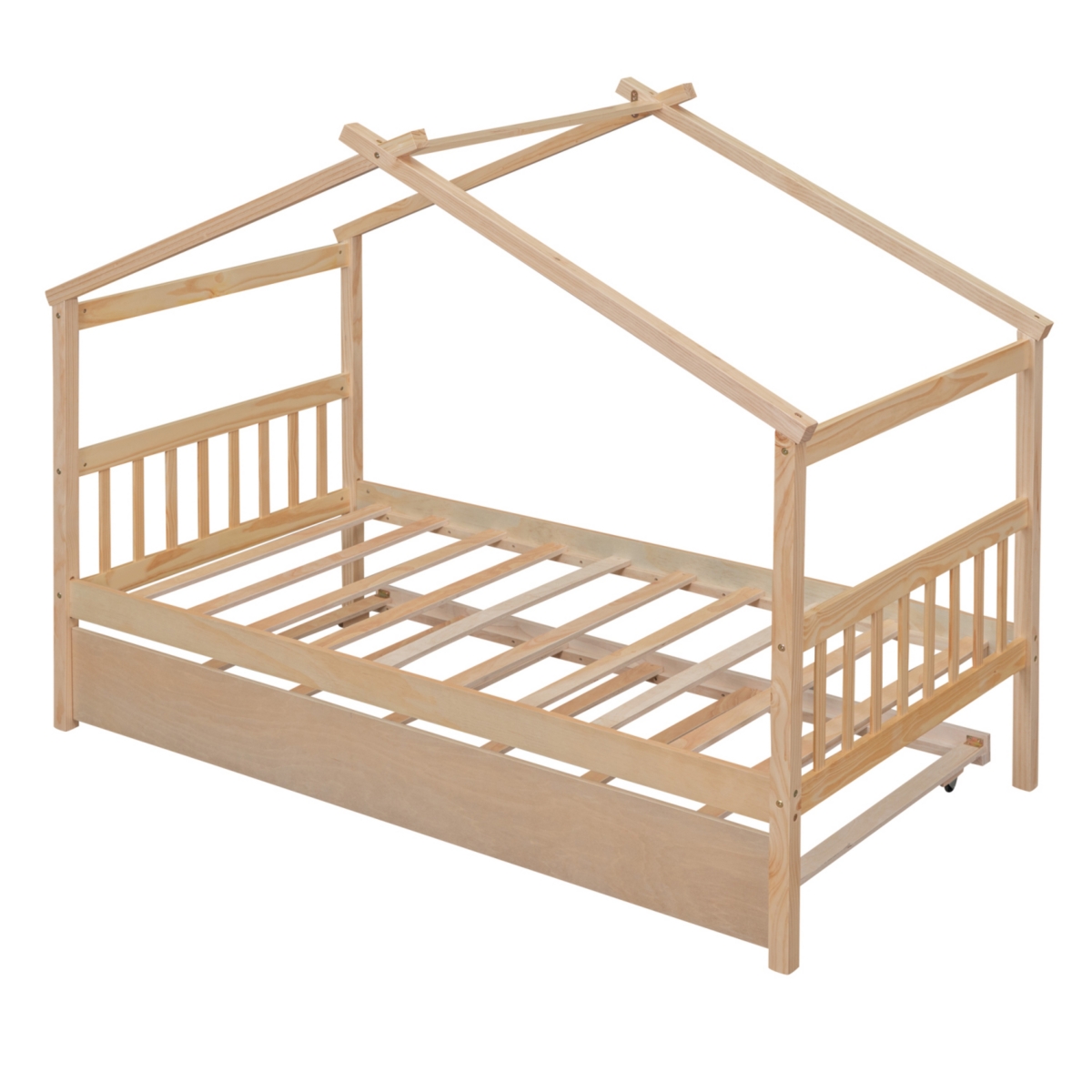 Streamdale Twin Size Wooden House Bed With Twin Size Trundle, Natural