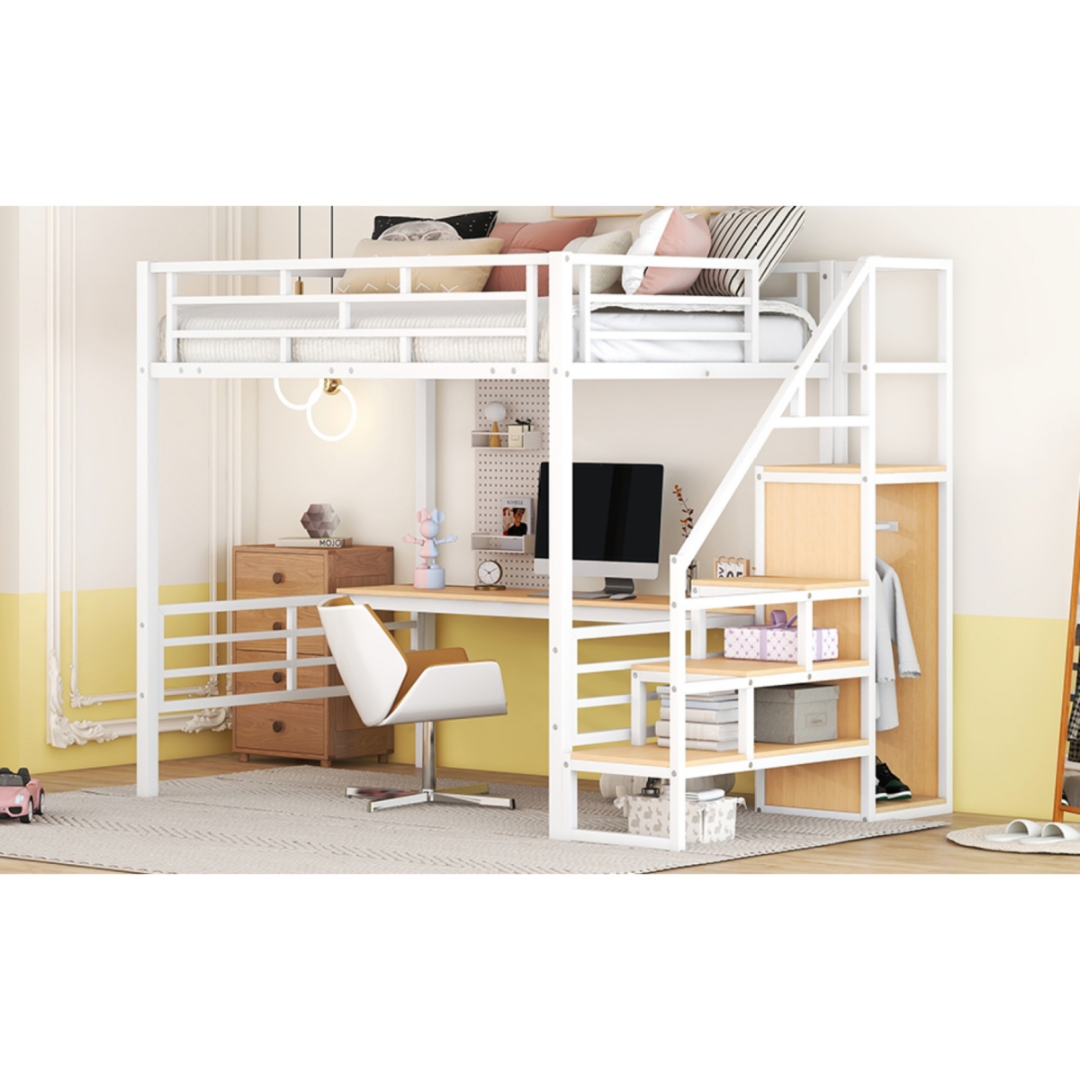 Streamdale Furniture Full Size Metal Loft Bed With Desk, Storage Staircase And Small Wardrobe, Storage Stairs