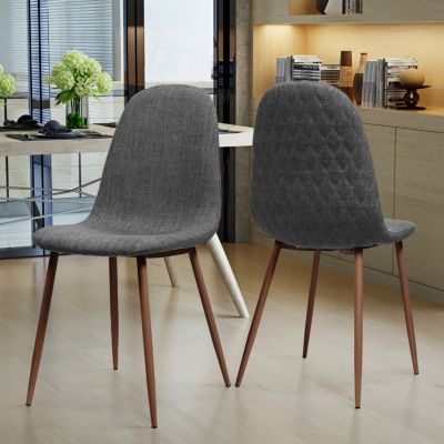 Two Light Grey Fabric Dining Chairs with Iron Legs