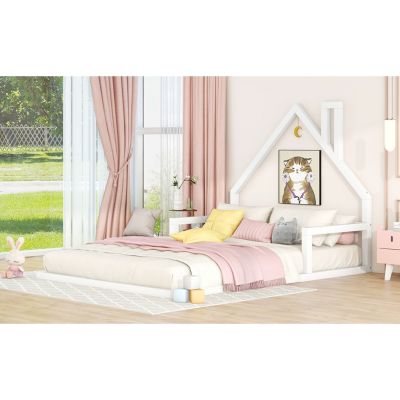  Full Size Wood Floor Bed With House-Shaped Headboard