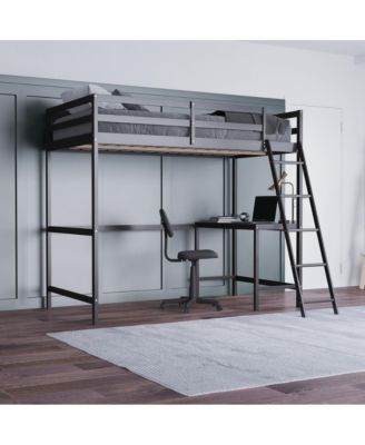 Twin Size, Wood, Guardrails + Desk + Ladder + Fits 6–8" Mattress,Ridley Loft Bed Frame Headboard