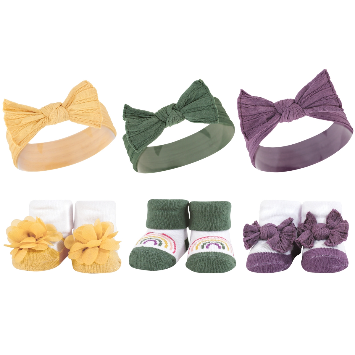 Hudson Baby Infant Girl 12Pc Headband and Socks Giftset, One Size - Purple green yellow pink green