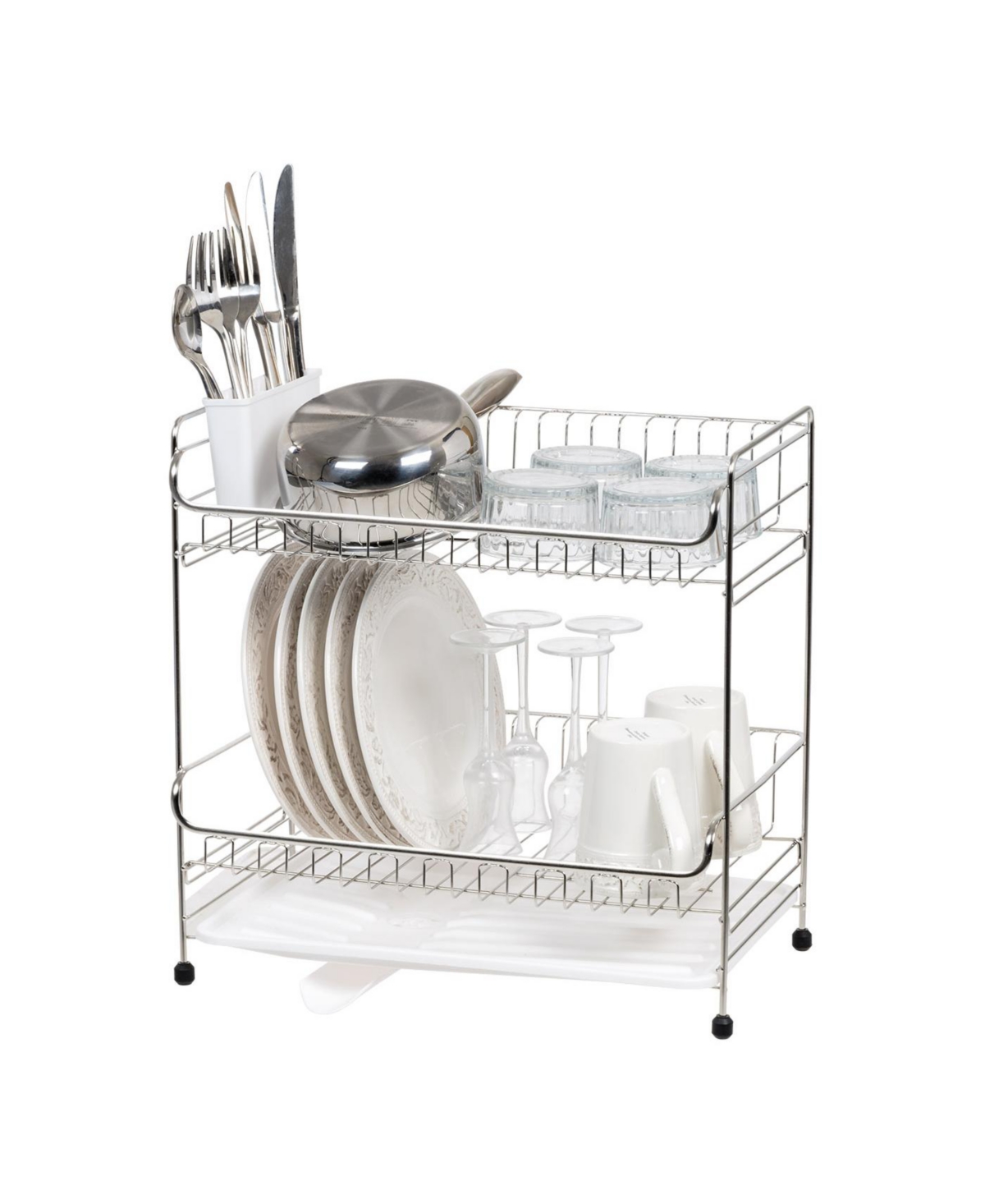 2-tier Medium-sized Dish Rack with Drain Spout, White - White