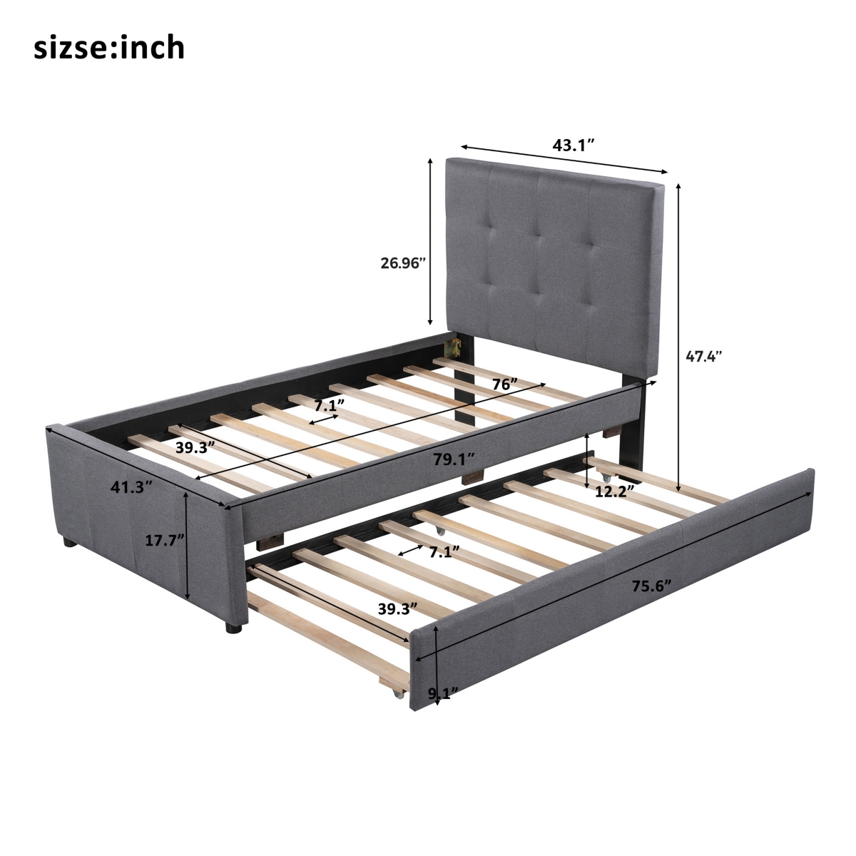 Streamdale Furniture Linen Upholstered Platform Bed With Headboard And Trundle, Twin