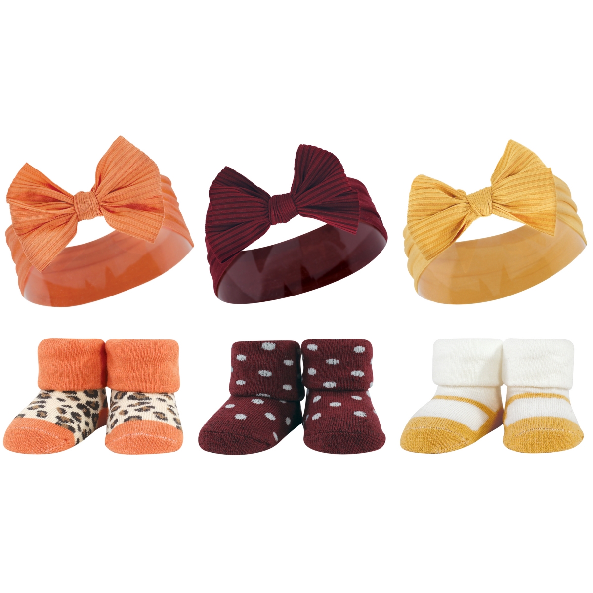Hudson Baby Infant Girl 12Pc Headband and Socks Giftset, One Size - Burgundy orange yellow orange