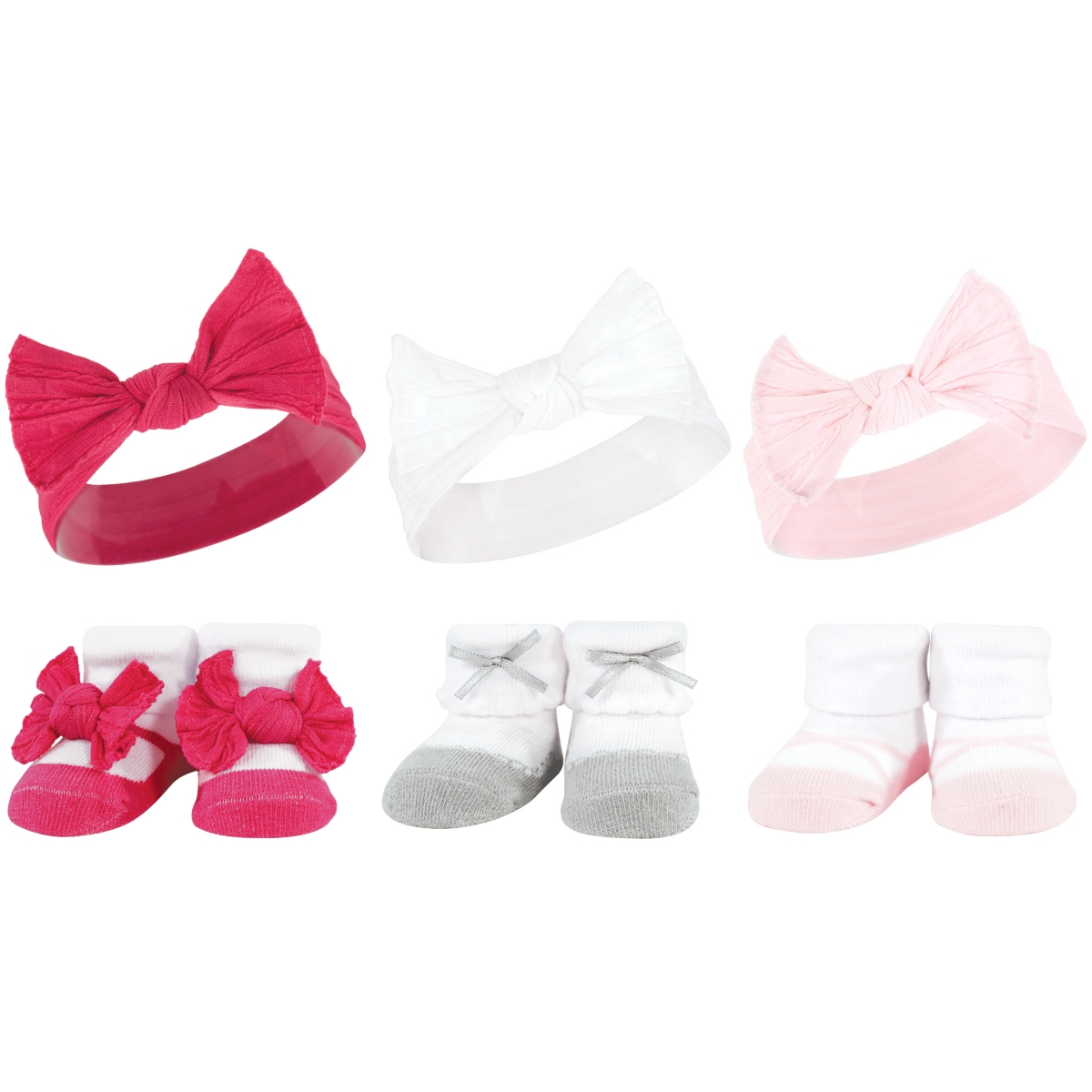 Hudson Baby Infant Girl 12Pc Headband and Socks Giftset, One Size - Pink white pink blue