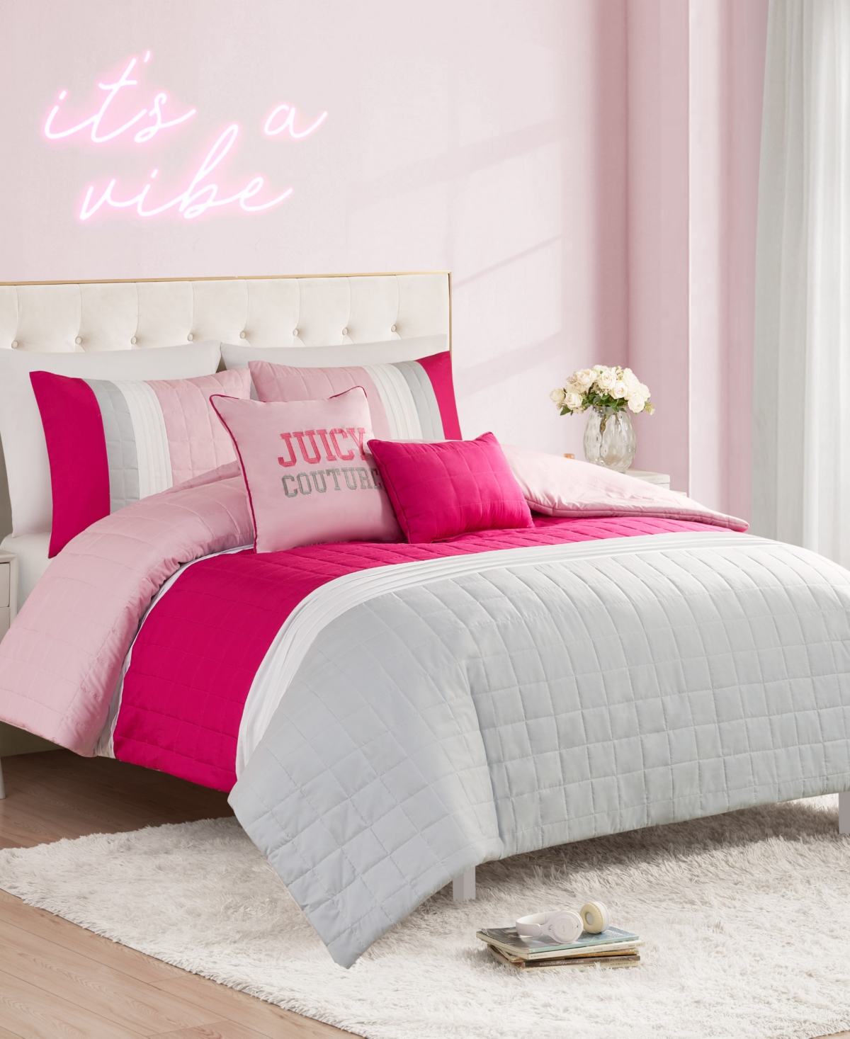 Juicy Couture Color Block Stripe 4-pc. Comforter Set, Twin/twin Xl In Pink,white,grey