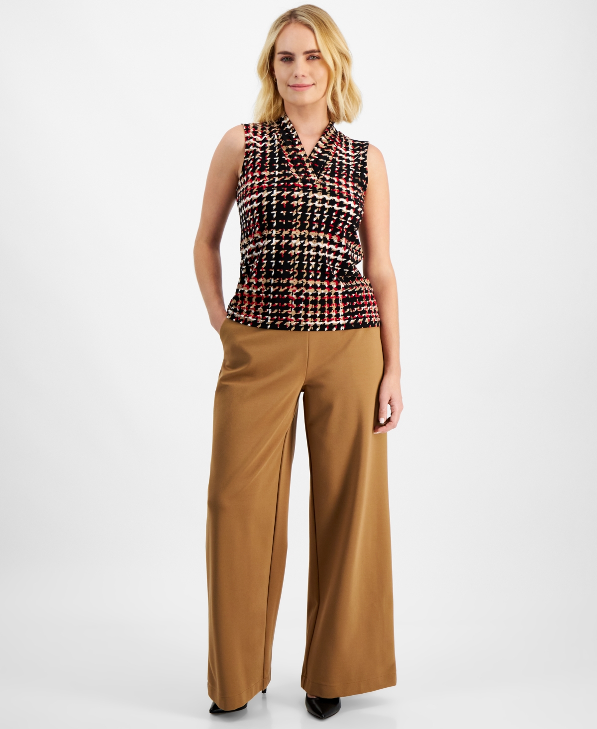 Anne Klein Petite Pleated-Shoulder Sleeveless Top