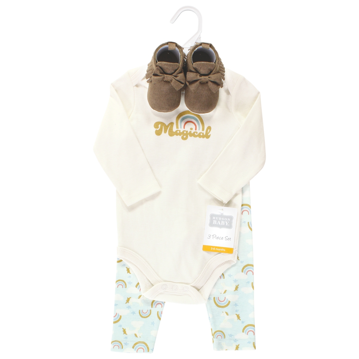 Hudson Baby Baby Girls Cotton Bodysuit, Pant and Shoe Set,- Magical rainbow long sleeve