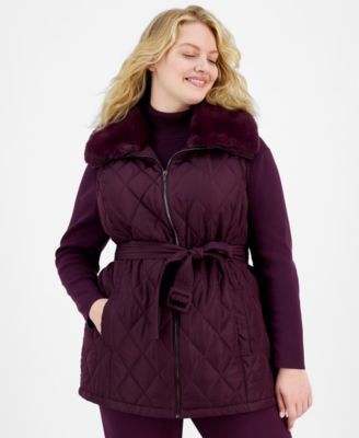 Anne Klein - Plus Size Faux-Fur-Collar Quilted Belted Vest