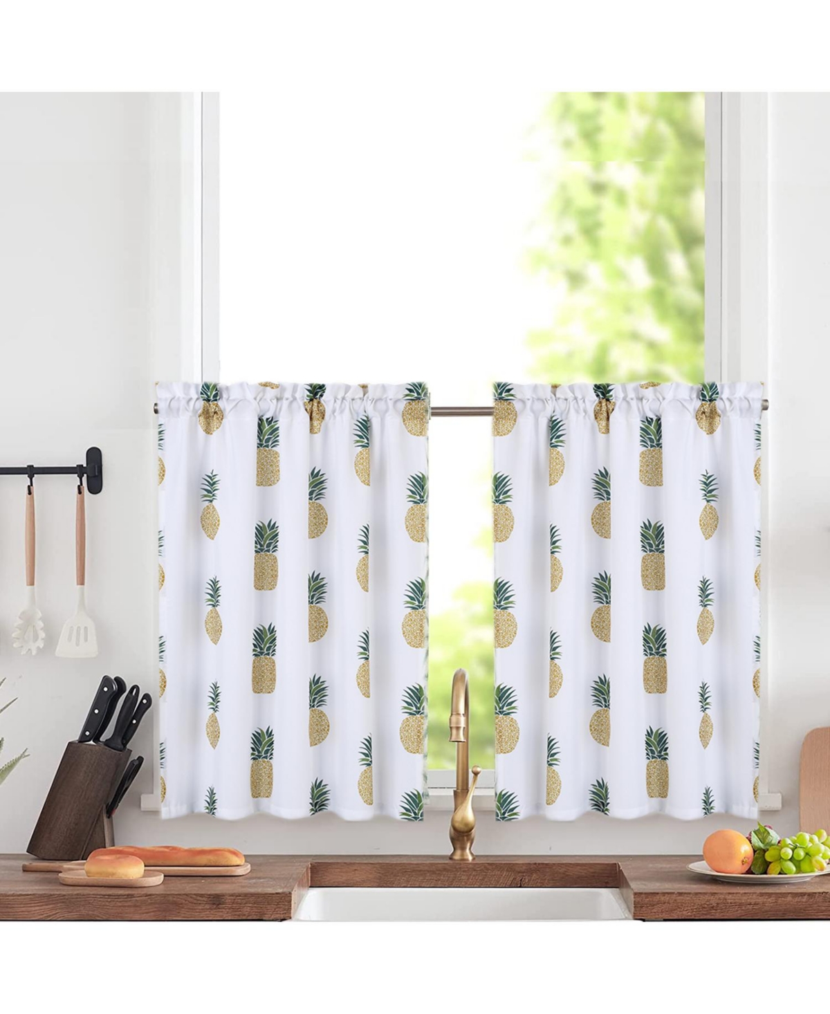Pineapple Print Kitchen Tier Window Curtain Pair, 60" x 24" - Yellow/green