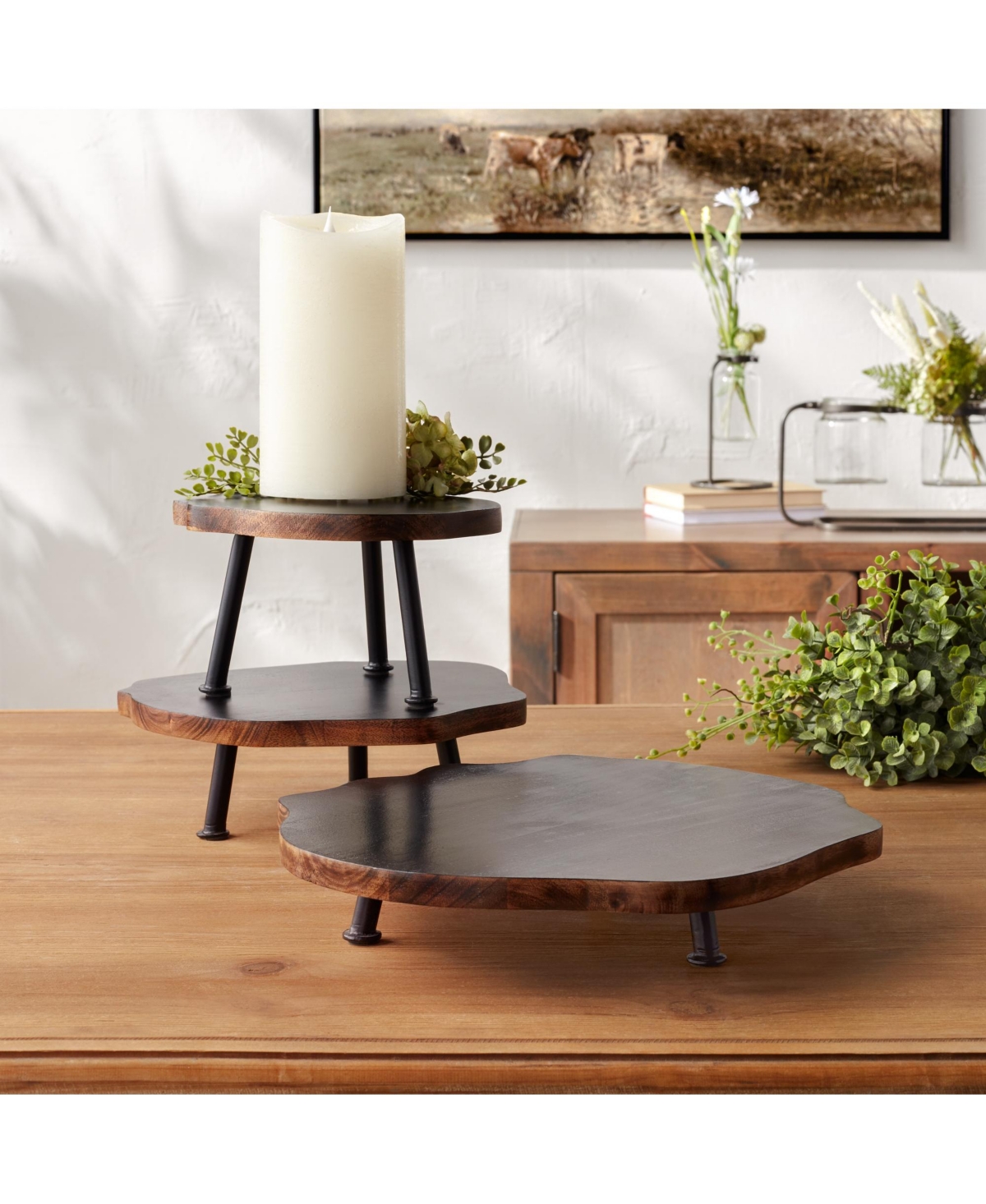 Slickblue Tree Disc Pedestal Tray Set - Natural and Functional Home Decor - Black and brown