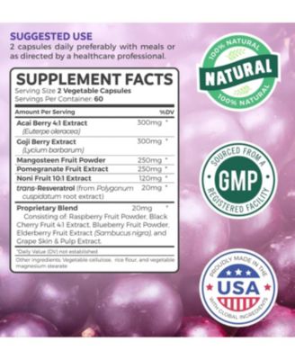 Super Antioxidants Supplement | Powerful Super Food Antioxidant Daily Blend | Acai Berry, Goji, Pomegranate & Trans Resveratrol | Herbal and Fruit Formula For Women and Men | Skin Care | 120ct