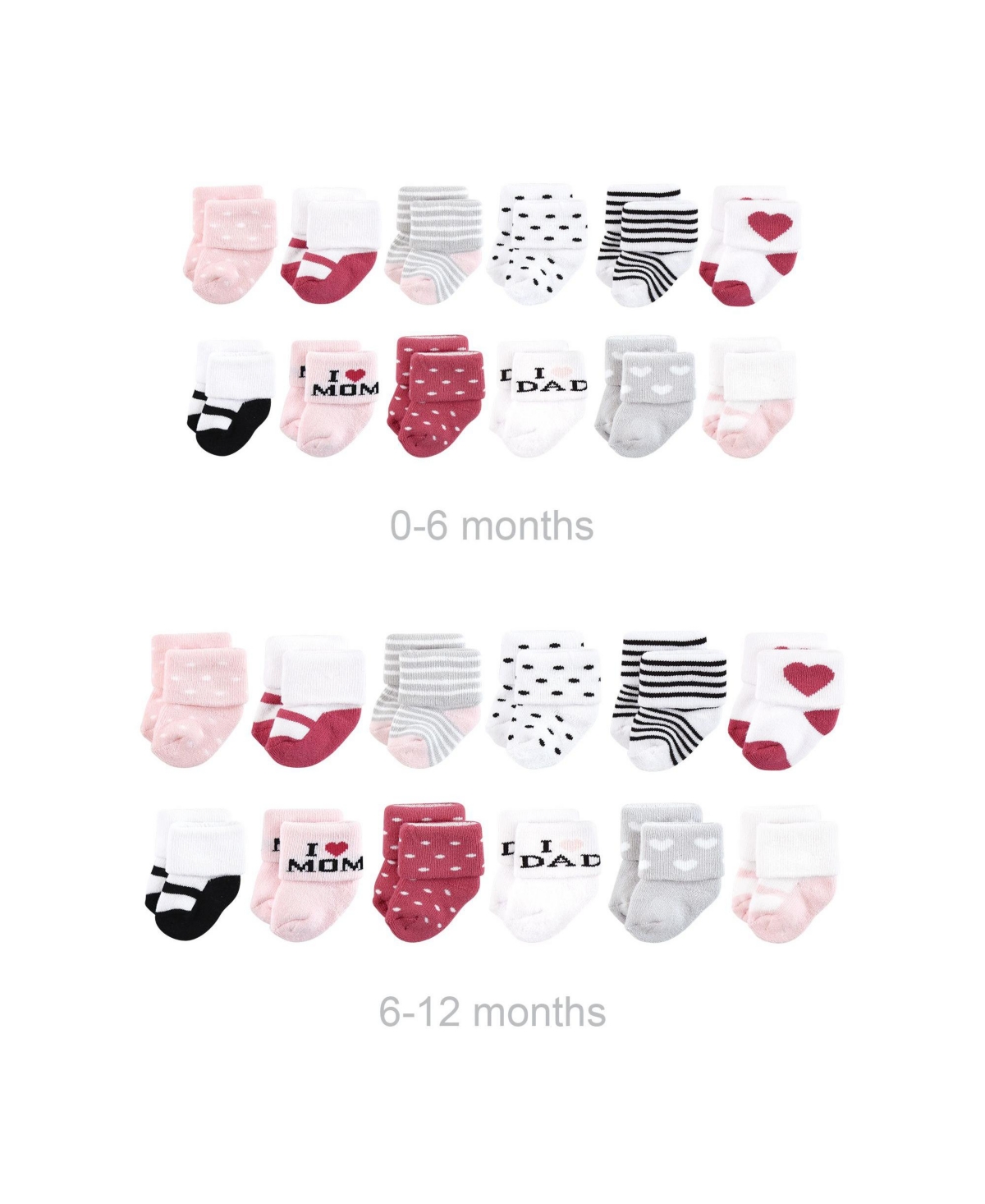 Hudson Baby Baby Girls Grow with Me Cotton Terry Socks, Mom Dad Pink Black, 0-6 and 6-12