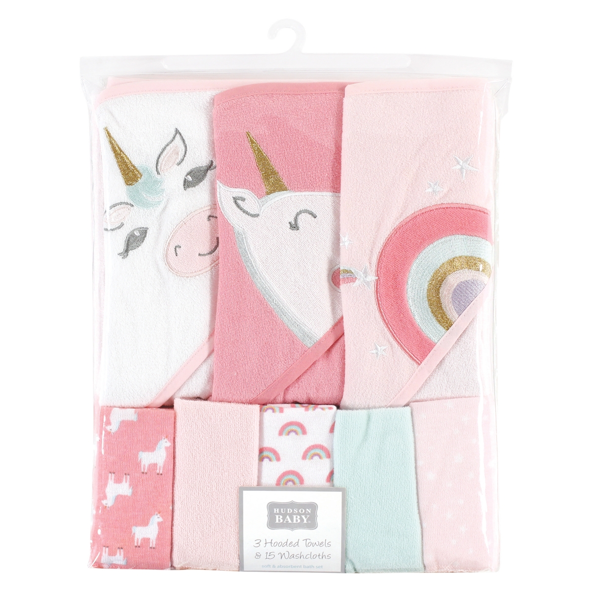 Hudson Baby Infant Girl Animal Hooded Towel 3pk and 15 Washcloths