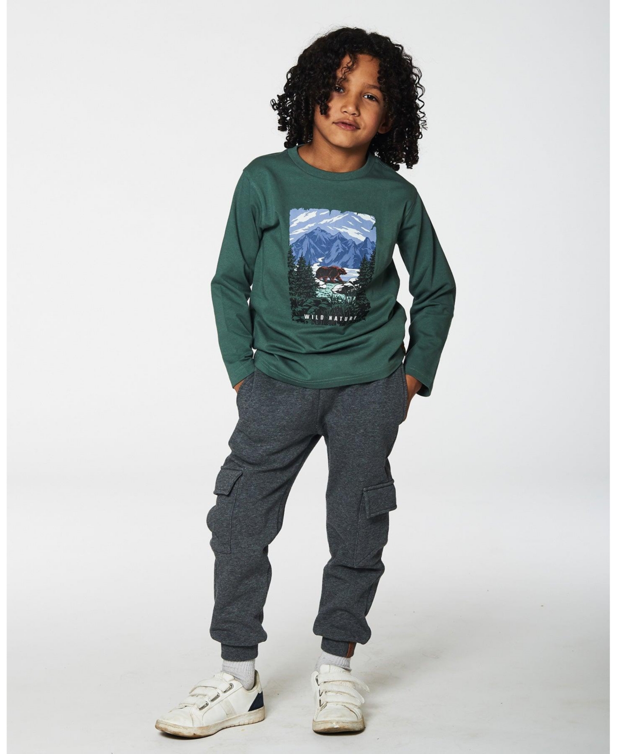 Deux par Deux Big Boys Long Sleeve T-Shirt With Print- Forest green