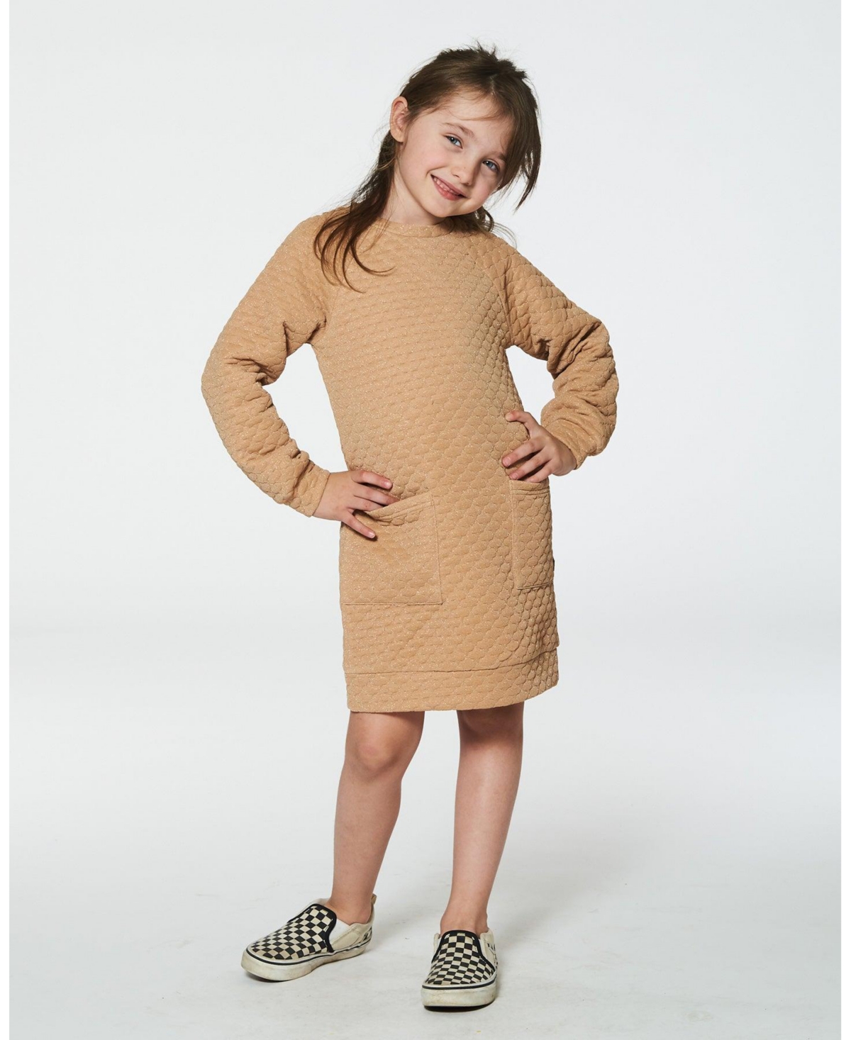 Deux par Deux Big Girls Long Sleeve Shiny Quilted Dress With Pocket- Golden brown