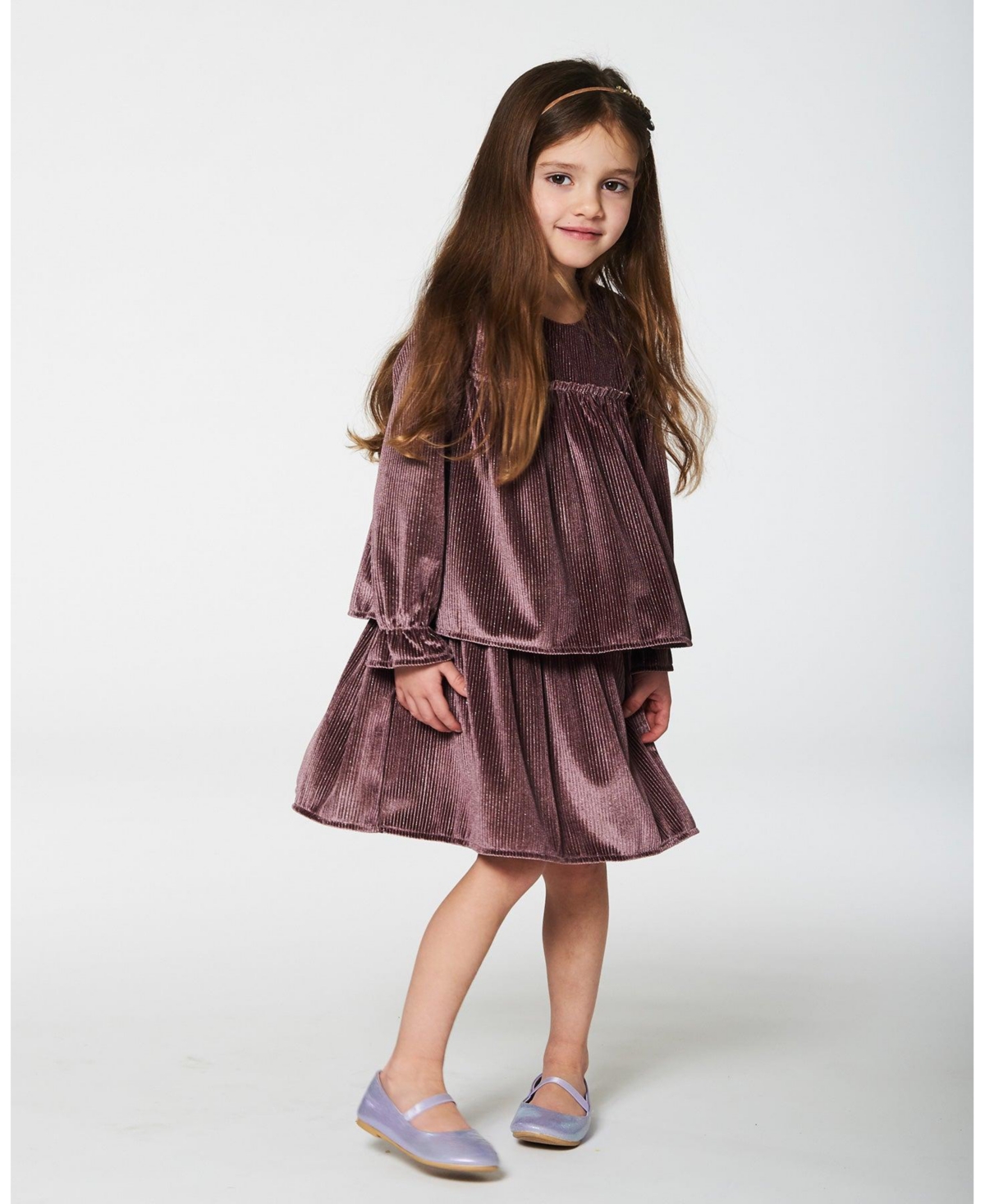 Deux par Deux Big Girls Long Sleeve Metallic Dress With Frills- Burgundy