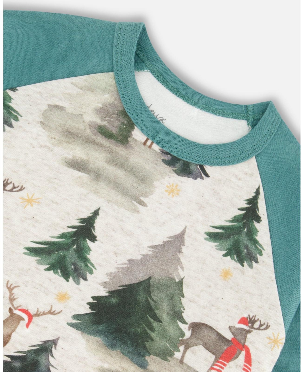 Deux par Deux Little Boys Organic Cotton Two Piece Pajama Set Gray Mix And Green Printed Reindeer - Toddler|Child