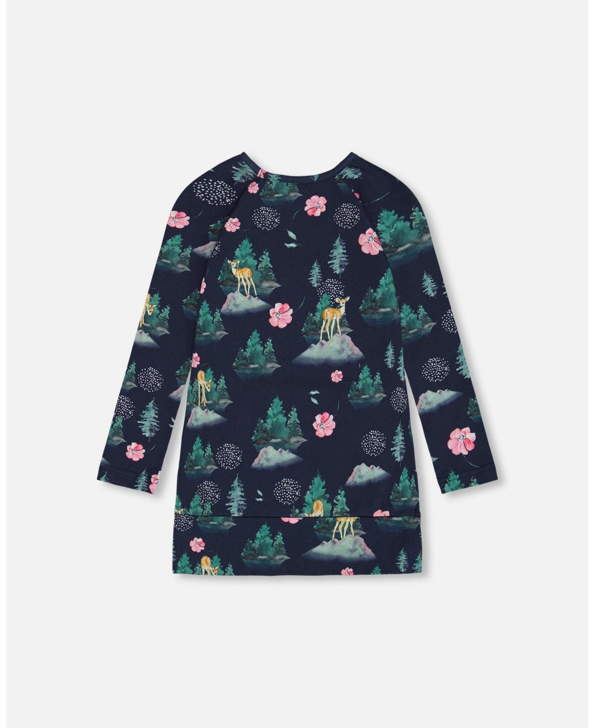 Deux par Deux Big Girls Long Sleeve Tunic With Pocket- Navy printed bambi