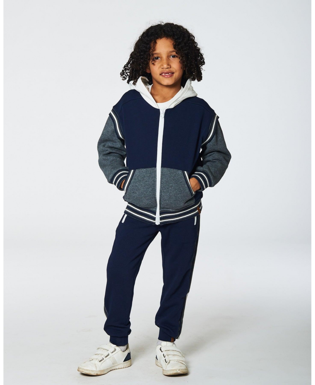 Deux par Deux Big Boys Full Zip Hooded Fleece Navy And Dark Gray - Navy and dark gray