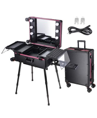 Rolling Makeup Case with Bulb Mirror Adjustable Leg Detachable Wheel