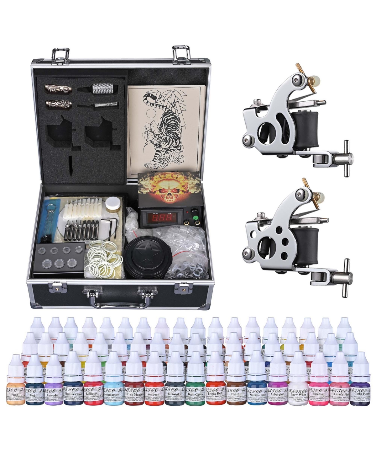 Complete Tattoo Kit 54 Color Ink 2 Machine Guns Set Lcd Power Supply Equipment - Natrual