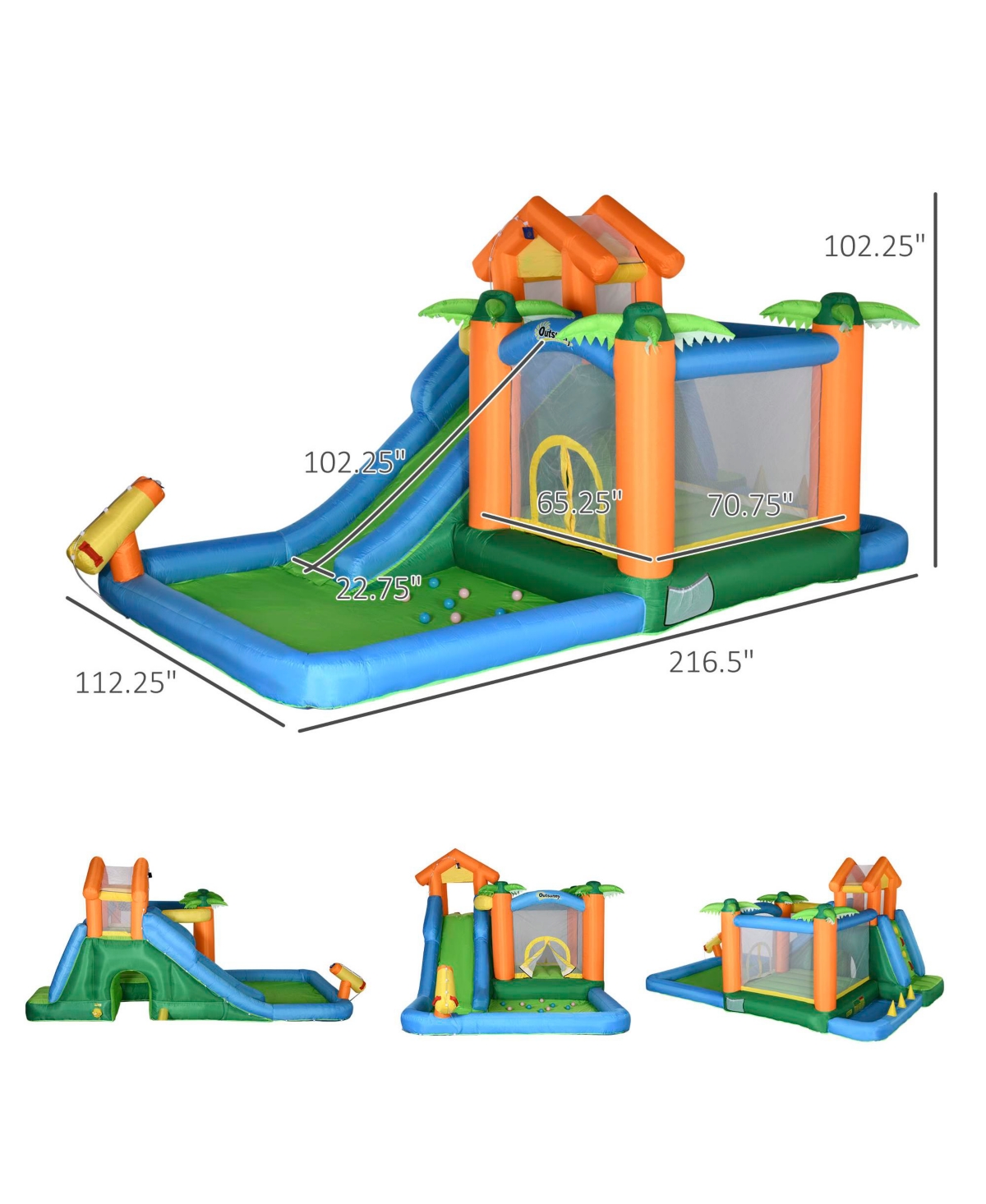 Outsunny 5-in-1 Inflatble Water Slide Kids Bounce House Summer Theme Jumping Castle Includes Slide Trampoline Pool Water Gun Climbing Wall with Carry