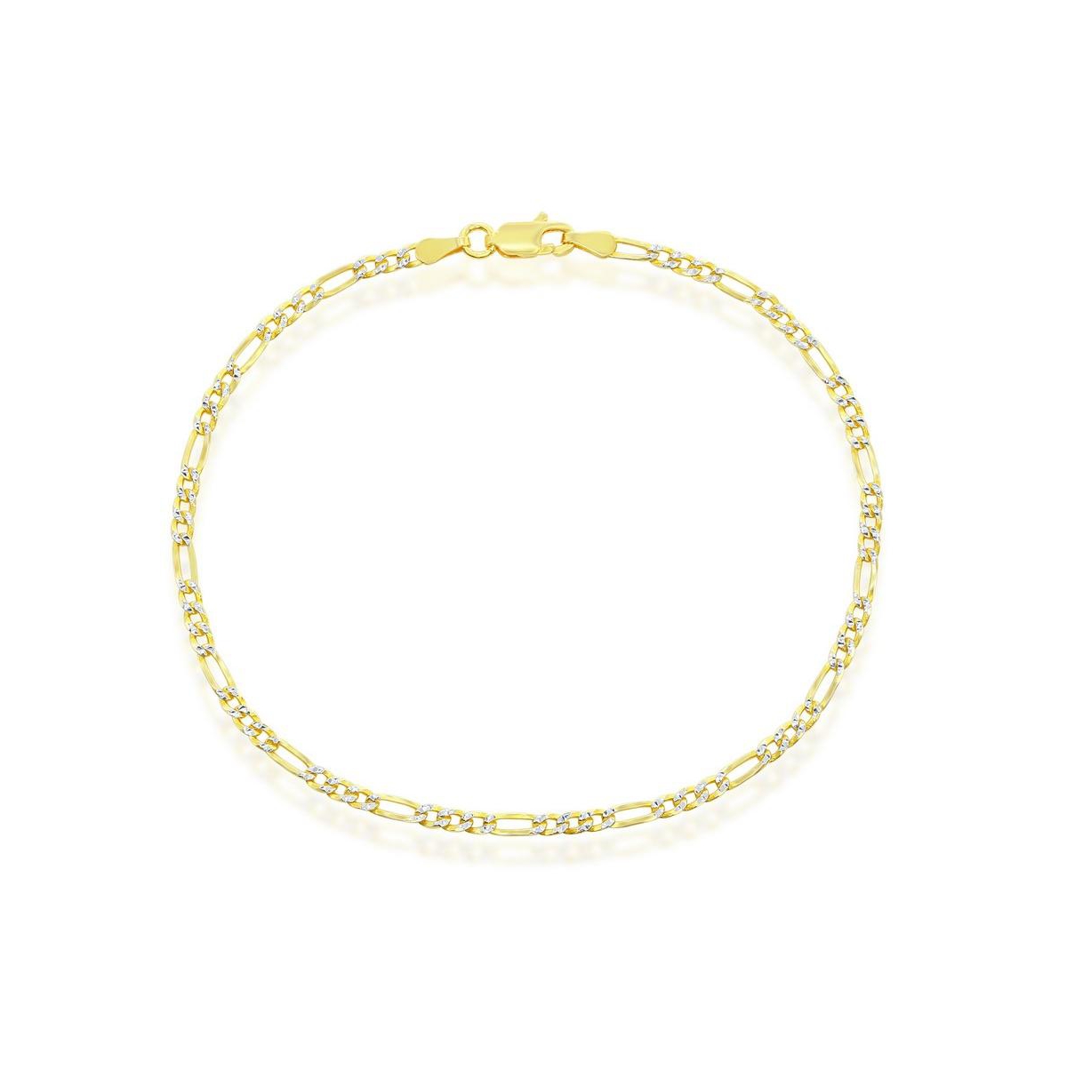 Sterling Silver 2.5mm Pave Figaro Anklet - Gold Plated - Gold
